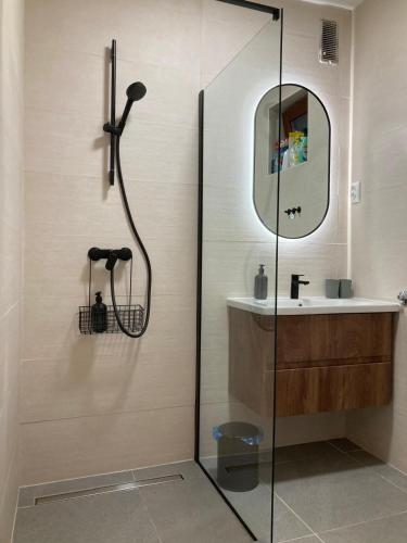 a bathroom with a shower and a sink at River Lodge Jesenica in Lička Jesenica