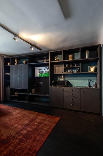 a living room with a tv and some shelves at Aiola Living Graz in Graz