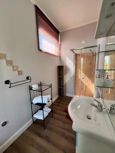a bathroom with a sink and a glass shower at 5 Ragazze in Campofilone