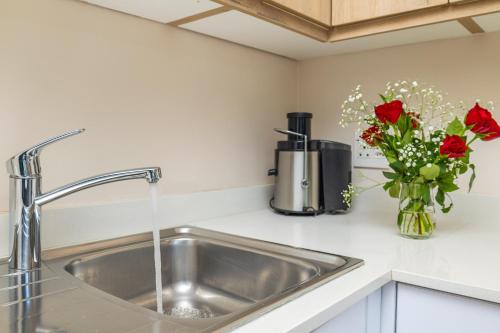 eine Küchenspüle mit einer Vase aus roten Rosen in der Unterkunft The Terrace101- 2 Bed, Sandton in Johannesburg
