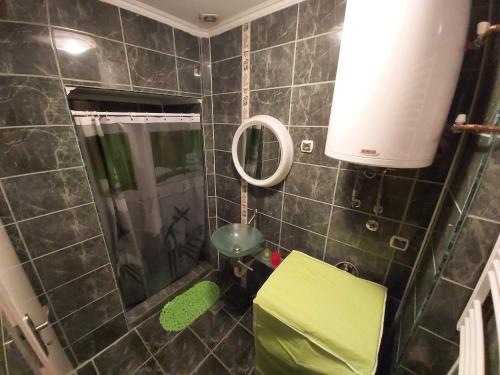 a small bathroom with a mirror and a green toilet at Apartmani Pelivan in Soko Banja