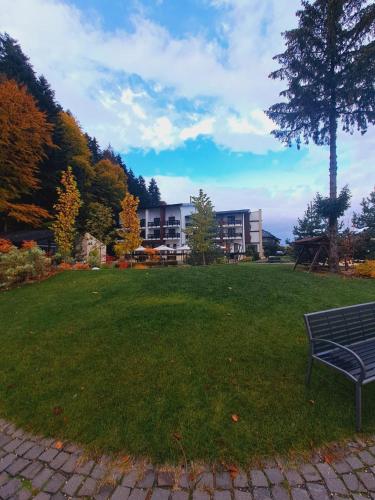a park with a bench in front of a building at Piatra Pinului Ski & Spa in Gura Humorului