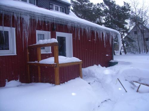 a snow covered house with a snow covered bird feeder at Schreinerhaus in Vitte