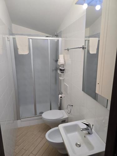 a bathroom with a shower and a toilet and a sink at L'isola felice in Silvi Marina