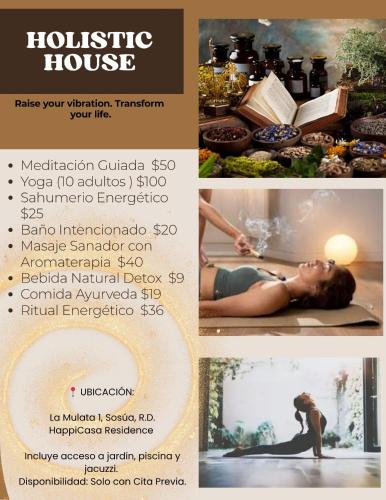 a flyer for a holistic house with a woman doing yoga at HappiCasaRD & Holistic House in Sosúa