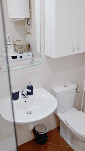 a white bathroom with a toilet and a sink at Apartment SOFI Belville in Novi Beograd
