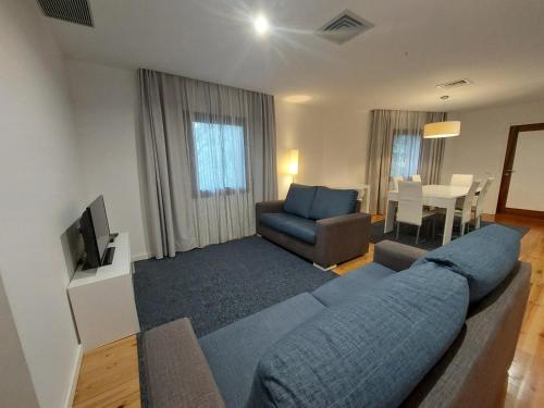 Una sala de estar con un sofá azul y un televisor. en Oak Villa, Relax and Nature, en Vieira do Minho