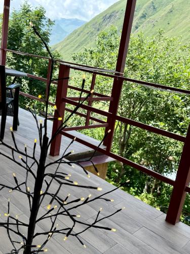 a plant on a deck with a view of a mountain at MetiTsa in Jut'a