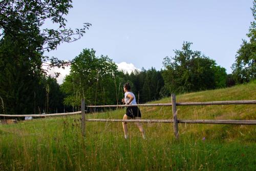 a man standing next to a fence in a field at Ferienhaus Koglegg in Wies