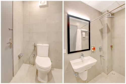 two pictures of a bathroom with a toilet and a sink at Townhouse Surajkund in Faridabad
