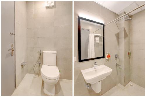 two pictures of a bathroom with a toilet and a sink at Townhouse Surajkund in Faridabad