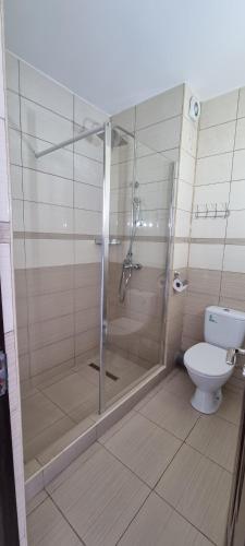 a bathroom with a shower and a toilet at Hotel Blue Sky Resort in Eforie Nord