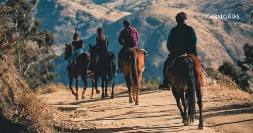 a group of people riding horses down a dirt road at Refugio Viñak in Viñak