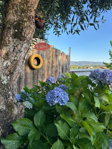 a wooden fence with a bunch of purple flowers at Magnolias Cottage in Lousã