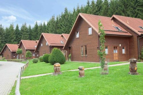 une maison avec des bouches d'incendie dans l'herbe devant dans l'établissement Ferienhaus im Naturerlebnisdorf Blauvogel, à Hasselfelde