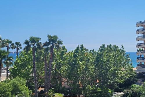 un groupe de palmiers et l'océan dans l'établissement Bright seafront apartment, à Fréjus