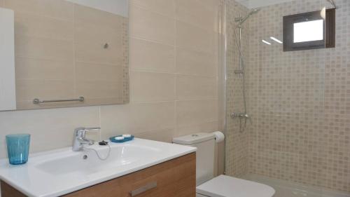 een badkamer met een wastafel, een toilet en een douche bij Apt El Molino 3B in Valle Gran Rey