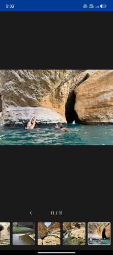 two pictures of a person swimming in the water at Wadi Sahab bimah sunkhol in Muscat