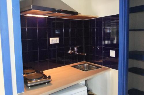 uma cozinha com lavatório e parede de azulejos pretos em Alfama Fado Apartments em Lisboa