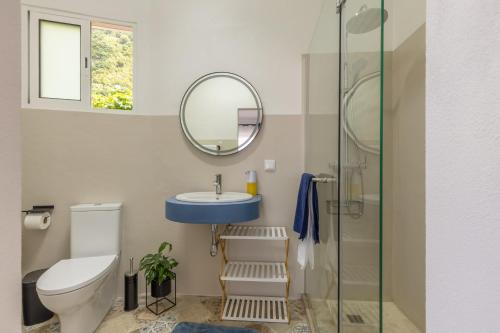 a bathroom with a toilet and a sink and a mirror at Coastal São Vicente Mountain & Sea View Hideaway with Free Parking in São Vicente