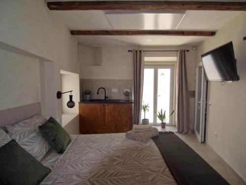 una camera da letto con un letto grande e una televisione di Vista do Alentejo Rooftop at House near the lake a Torrão