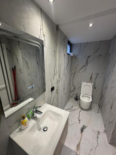 a marble bathroom with a sink and a toilet at Luxury Apartments Lezha in Lezhë