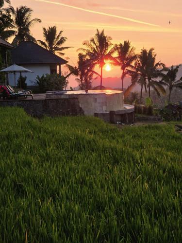 a sunset in front of a house with palm trees at MAYURA BALI VILLA in Munduk