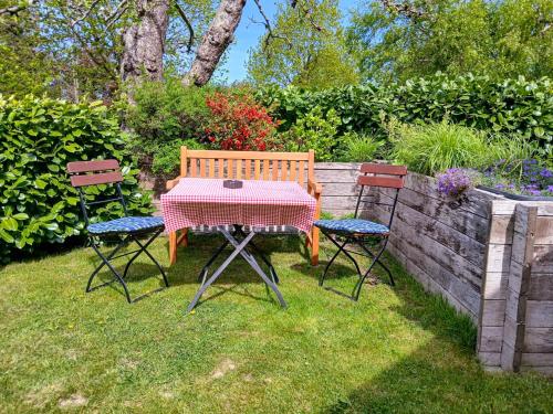 a table and two chairs in a yard at Ferienwohnungen im Altbauernhaus in Hohendorf