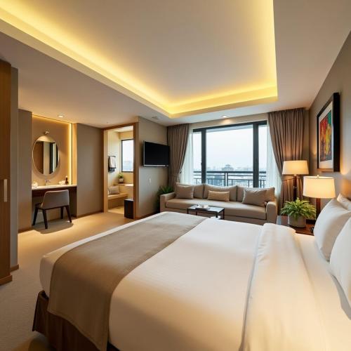 a hotel room with a large bed and a couch at Hotel Urban Royale - IGI Airport Delhi in New Delhi