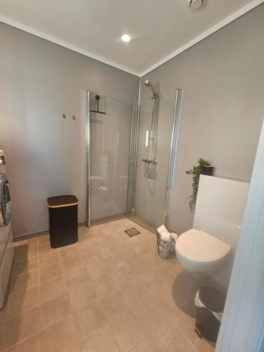 a bathroom with a shower and a toilet at Toppleilighet på elvekanten med to romslige soverom in Førde