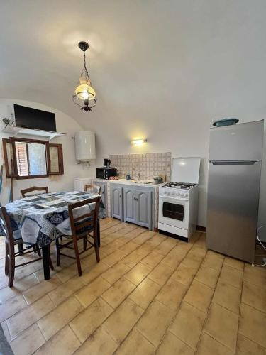 Il comprend une cuisine avec une table et des appareils électroménagers. dans l'établissement Appartement de village proche de la plage, à Aregno