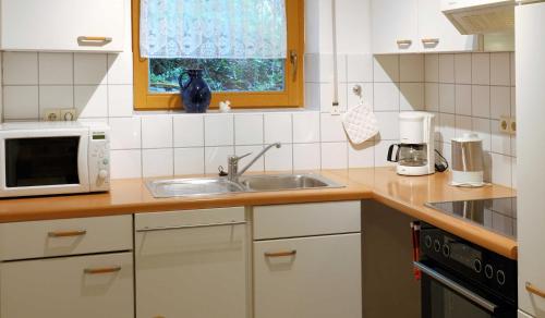 a kitchen with a sink and a microwave at Ferienwohnung Armitter in Neckargemünd