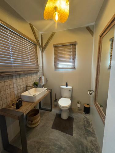 a bathroom with a white toilet and a sink at Tsauchab River Camp in Sesriem