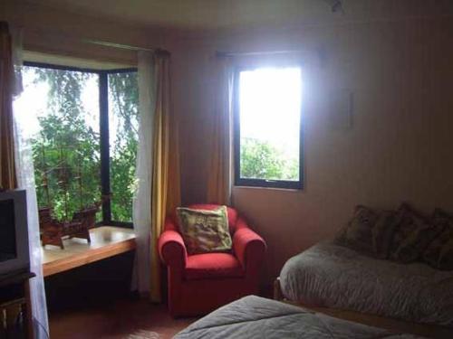 a living room with a red chair and a window at Los Gualles de la Candelaria Apart Hotel in Pucón