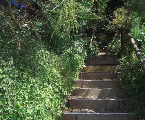 a set of stairs in a garden with bushes at Los Gualles de la Candelaria Apart Hotel in Pucón