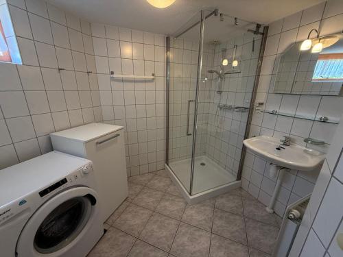 a bathroom with a washing machine and a sink at Zeester 189 in Julianadorp