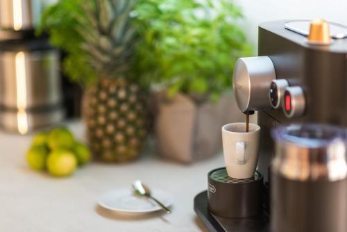 a coffee maker sitting on top of a counter at Luxus Spa Penthouse Sundowner in Göhren-Lebbin