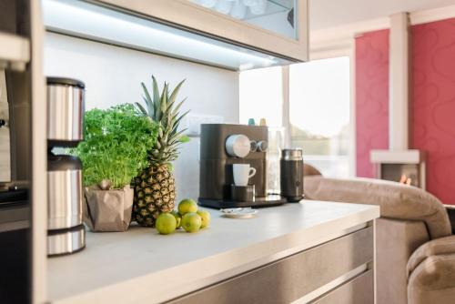 a kitchen with a counter with fruit on it at Luxus Spa Penthouse Sundowner in Göhren-Lebbin