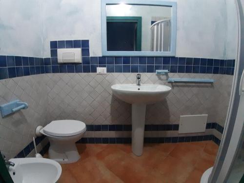 サンタンナ・アッレージにあるVilla Mirtoの洗面台、トイレ、鏡のあるバスルーム