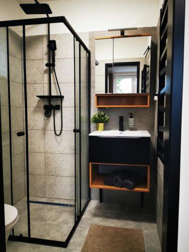 a bathroom with a sink and a shower at Vinobike Morava Gold Residence in Moravská Nová Ves