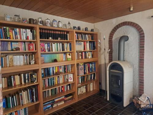 a room with book shelves filled with books and a fireplace at Ferienhaus zum Schornsteinfeger in Bad Bevensen