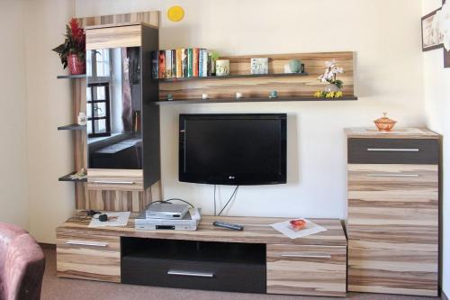 a living room with a television on a wooden entertainment center at Haus Zeitlos Brunnenblick in Lübbenau
