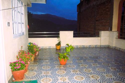 a balcony with potted plants on a tiled floor at Udaya Home Stay in Panauti