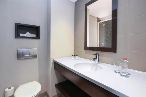 a bathroom with a sink and a toilet and a mirror at Southern Sun Newlands in Cape Town