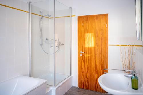 a bathroom with a shower and a toilet and a sink at Karl die Große Ferienwohnung in Dessau