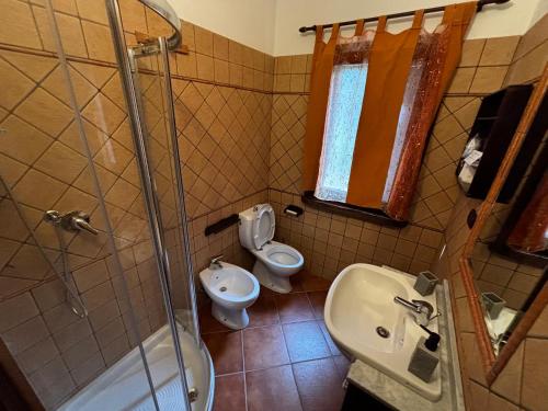 a bathroom with a shower and a toilet and a sink at La Borgata - Guest House in Campanedda