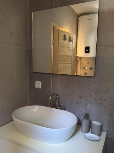 a bathroom with a white sink and a mirror at Durmitor Peaks and Pines in Žabljak