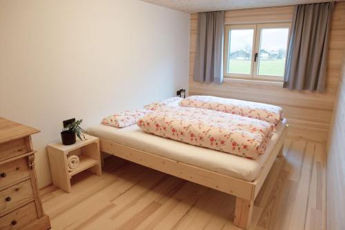 a bedroom with a bed and a window at Bregenzerwälder Appartements Familie Fink in Andelsbuch