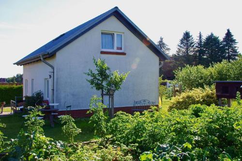 Ferienhaus "Urlaub in Mecklenburg" في Grabowhöfe: بيت ابيض صغير وامامه حديقه