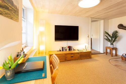 a living room with a flat screen tv on a wall at Ferienwohnungen Klein Kapelle in Gingst